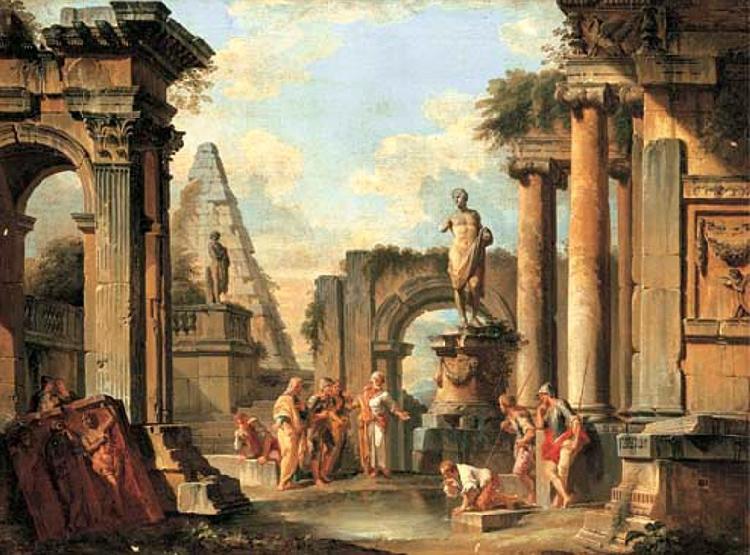 Giovanni Paolo Panini A capriccio of classical ruins with Diogenes throwing away his cup china oil painting image